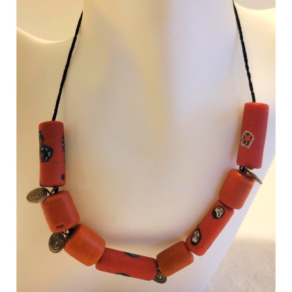 Vtg Tribal Necklace Bohemian Ethnic Clay Glass Bead Brass Spiral Orange